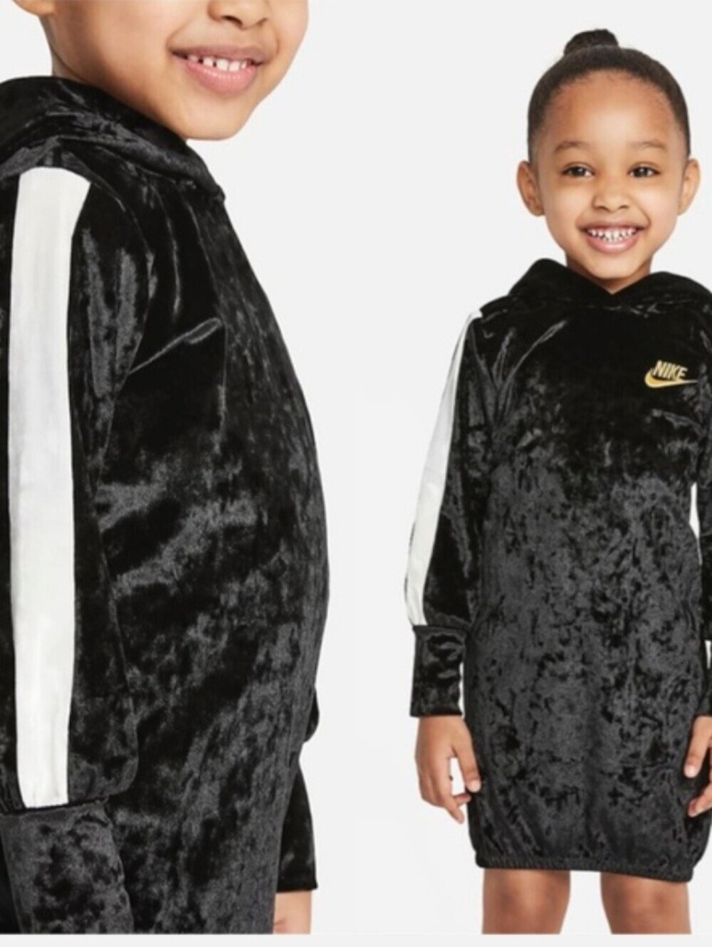 NIKE Velour Long Sleeve Hoodie Dress Black Gold Logo Girl's Size 5-6